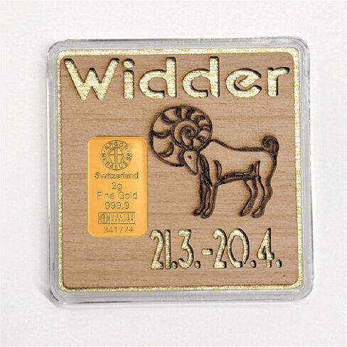 Holz-Geschenkbarren "Sternzeichen Widder" - 2 Gramm Goldbarren
