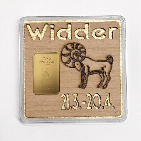 Holz-Geschenkbarren "Sternzeichen Widder" - 2,5 Gramm Goldbarren