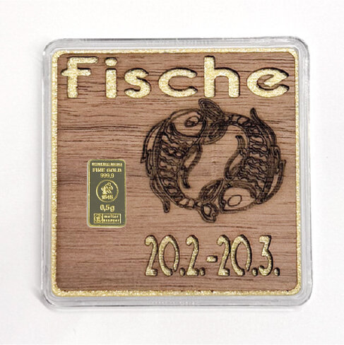 Holz-Geschenkbarren "Sternzeichen Fische"  - 0,5 Gramm Goldbarren
