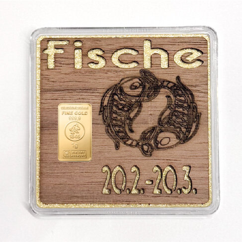 Holz-Geschenkbarren "Sternzeichen Fische"  - 1 Gramm Goldbarren