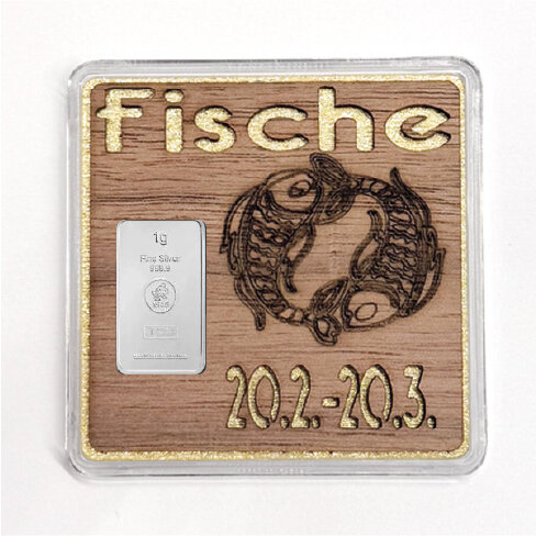 Holz-Geschenkbarren "Sternzeichen Fische"  - 1 Gramm Silberbarren
