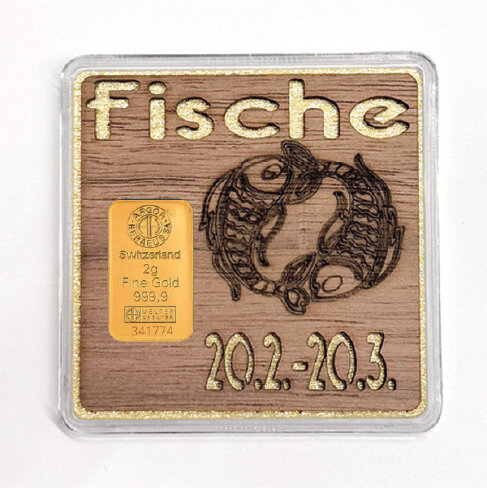 Holz-Geschenkbarren "Sternzeichen Fische" - 2 Gramm Goldbarren