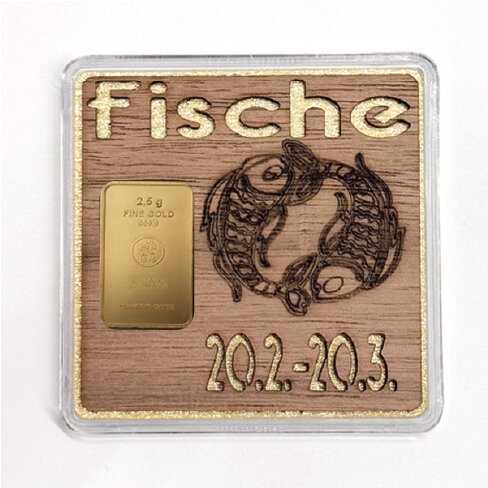 Holz-Geschenkbarren "Sternzeichen Fische" - 2,5 Gramm Goldbarren