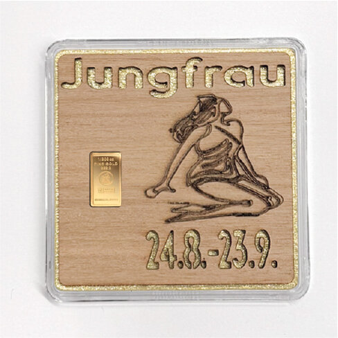 Holz-Geschenkbarren "Sternzeichen Jungfrau"  - 0,1555 Gramm Goldbarren 1/200 oz