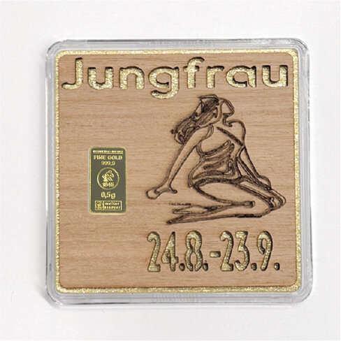 Holz-Geschenkbarren "Sternzeichen Jungfrau"  - 0,5 Gramm Goldbarren
