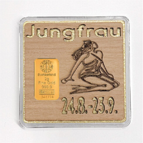 Holz-Geschenkbarren "Sternzeichen Jungfrau" - 2 Gramm Goldbarren