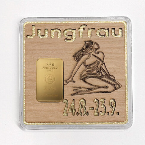 Holz-Geschenkbarren "Sternzeichen Jungfrau" - 2,5 Gramm Goldbarren