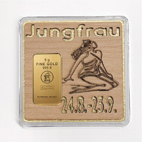 Holz-Geschenkbarren "Sternzeichen Jungfrau" - 5 Gramm Goldbarren