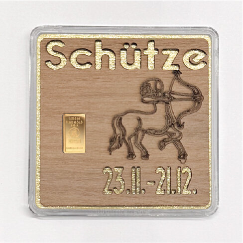 Holz-Geschenkbarren "Sternzeichen Schütze"  - 0,1555 Gramm Goldbarren 1/200 oz