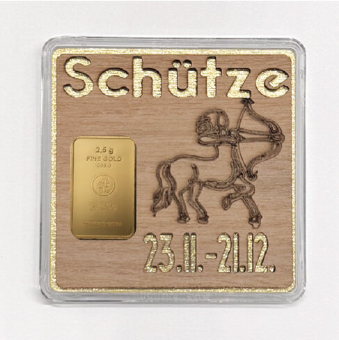 Holz-Geschenkbarren "Sternzeichen Schütze" - 2,5 Gramm Goldbarren