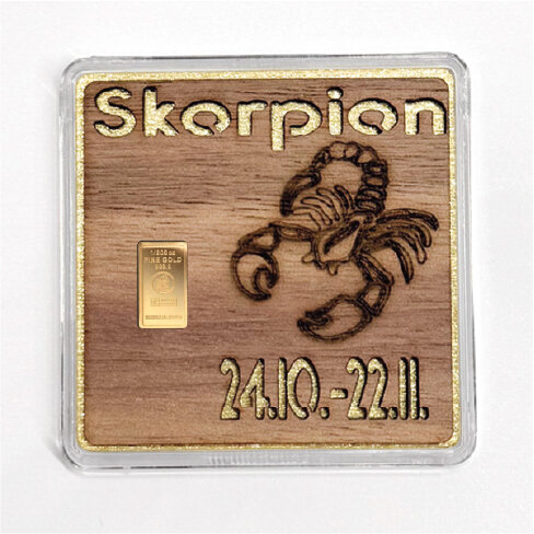 Holz-Geschenkbarren "Sternzeichen Skorpion"  - 0,1555 Gramm Goldbarren 1/200 oz
