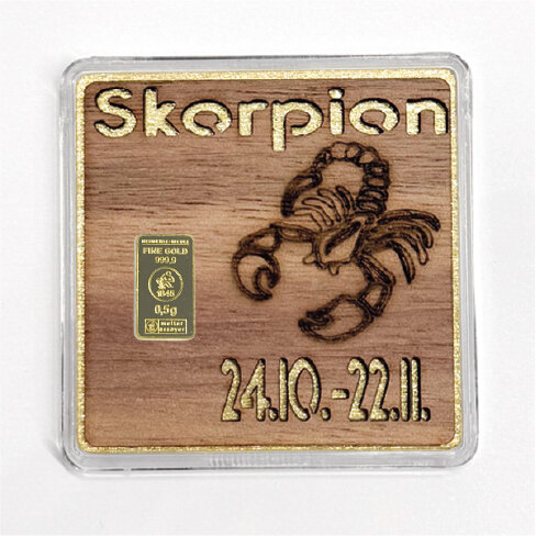 Holz-Geschenkbarren "Sternzeichen Skorpion"  - 0,5 Gramm Goldbarren