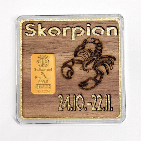 Holz-Geschenkbarren "Sternzeichen Skorpion" - 2 Gramm Goldbarren