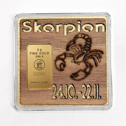 Holz-Geschenkbarren "Sternzeichen Skorpion" - 5 Gramm Goldbarren