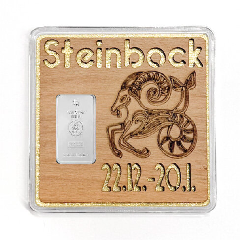 Holz-Geschenkbarren "Sternzeichen Steinbock"  - 1 Gramm Silberbarren