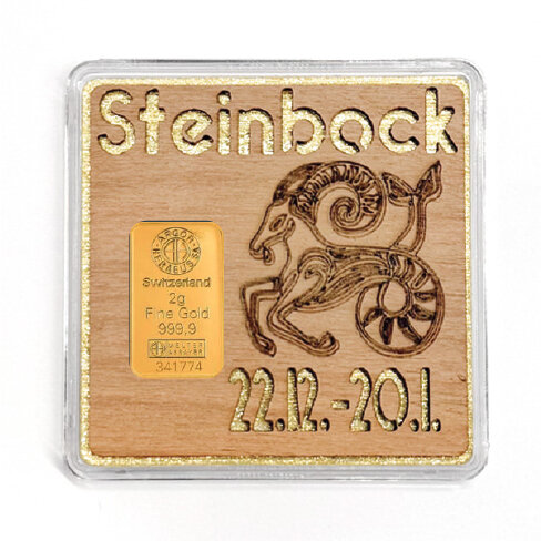 Holz-Geschenkbarren "Sternzeichen Steinbock" - 2 Gramm Goldbarren