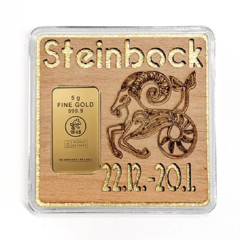 Holz-Geschenkbarren "Sternzeichen Steinbock" - 5 Gramm Goldbarren
