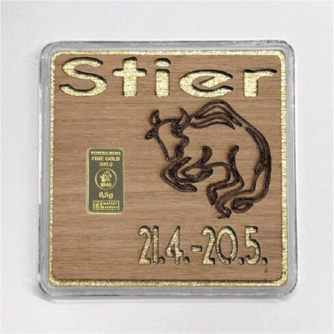 Holz-Geschenkbarren "Sternzeichen Stier"  - 0,5 Gramm Goldbarren
