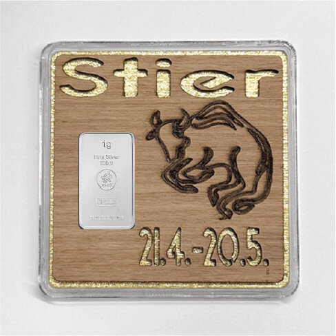 Holz-Geschenkbarren "Sternzeichen Stier"  - 1 Gramm Silberbarren