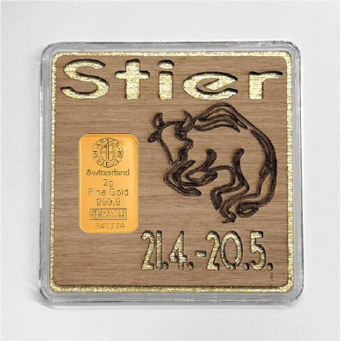Holz-Geschenkbarren "Sternzeichen Stier" - 2 Gramm Goldbarren