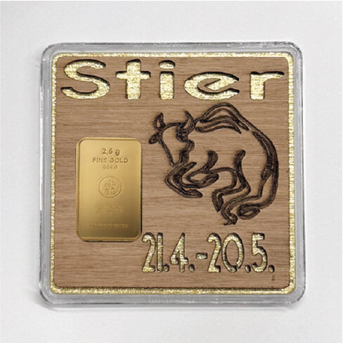 Holz-Geschenkbarren "Sternzeichen Stier" - 2,5 Gramm Goldbarren