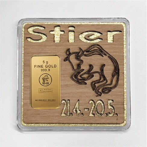 Holz-Geschenkbarren "Sternzeichen Stier" - 5 Gramm Goldbarren