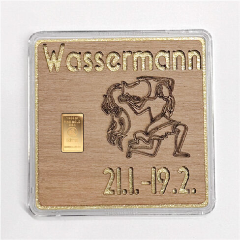 Holz-Geschenkbarren "Sternzeichen Wassermann"  - 0,1555 Gramm Goldbarren 1/200 oz
