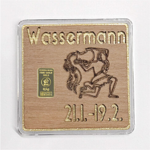 Holz-Geschenkbarren "Sternzeichen Wassermann"  - 0,5 Gramm Goldbarren