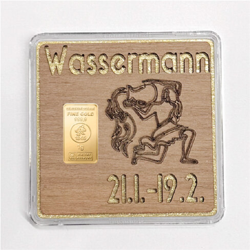 Holz-Geschenkbarren "Sternzeichen Wassermann"  - 1 Gramm Goldbarren