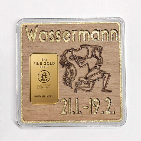 Holz-Geschenkbarren "Sternzeichen Wassermann" - 5 Gramm Goldbarren