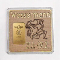 Holz-Geschenkbarren "Sternzeichen Wassermann" - 5 Gramm Goldbarren