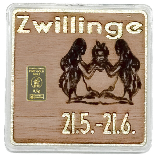 Holz-Geschenkbarren "Sternzeichen Zwillinge"  - 0,5 Gramm Goldbarren