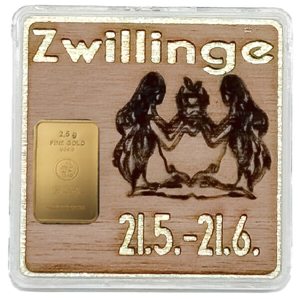 Holz-Geschenkbarren "Sternzeichen Zwillinge" - 2,5 Gramm Goldbarren