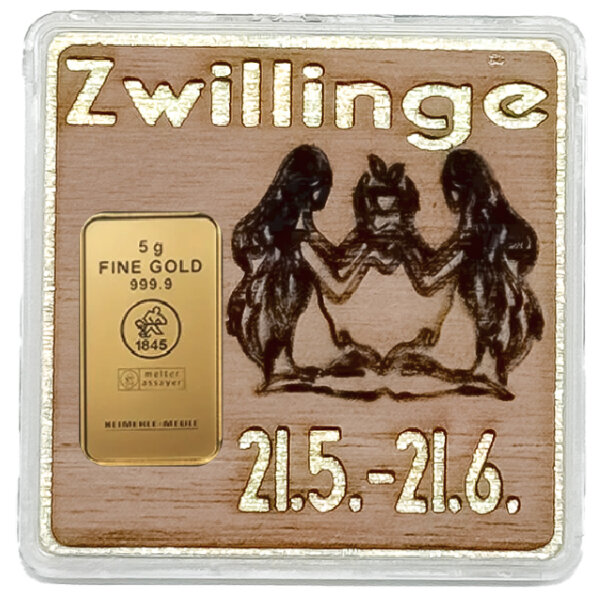 Holz-Geschenkbarren "Sternzeichen Zwillinge" - 5 Gramm Goldbarren