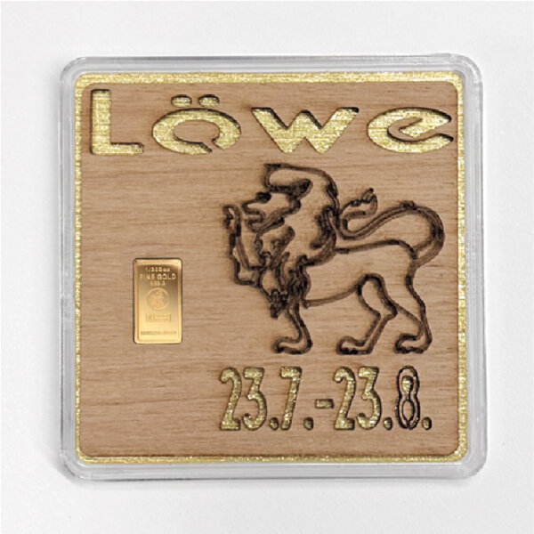 Holz-Geschenkbarren "Sternzeichen Löwe"  - 0,1555 Gramm Goldbarren 1/200 oz