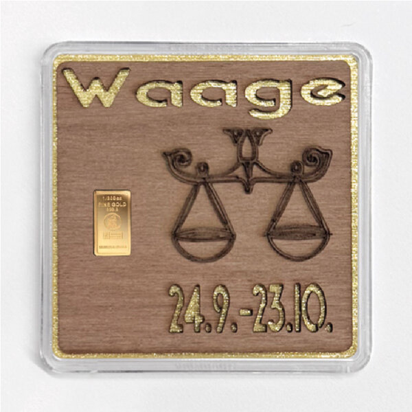 Holz-Geschenkbarren "Sternzeichen Waage"  - 0,1555 Gramm Goldbarren 1/200 oz
