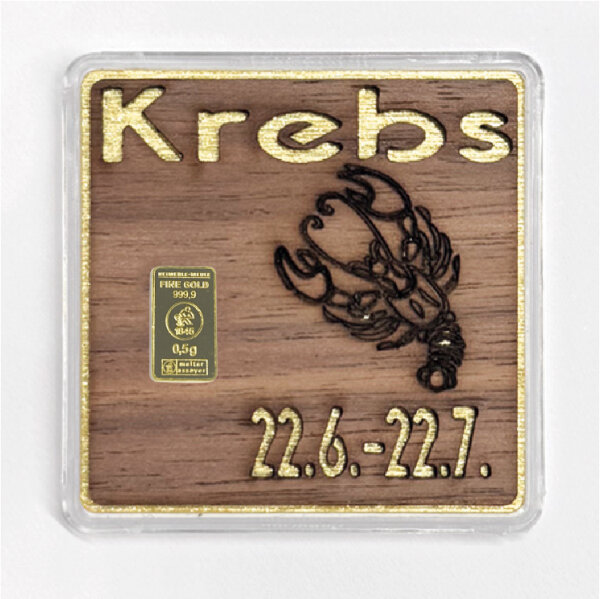 Holz-Geschenkbarren "Sternzeichen Krebs"  - 0,5 Gramm Goldbarren