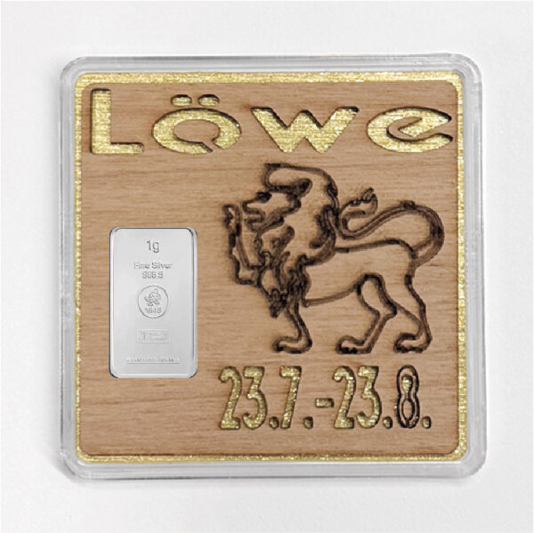 Holz-Geschenkbarren "Sternzeichen Löwe"  - 1 Gramm Silberbarren