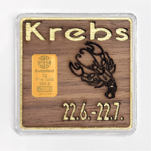 Holz-Geschenkbarren "Sternzeichen Krebs" - 2 Gramm Goldbarren