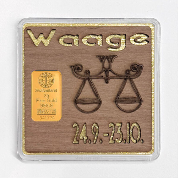 Holz-Geschenkbarren "Sternzeichen Waage" - 2 Gramm Goldbarren