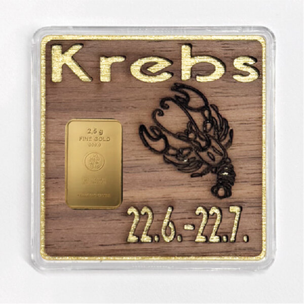 Holz-Geschenkbarren "Sternzeichen Krebs" - 2,5 Gramm Goldbarren