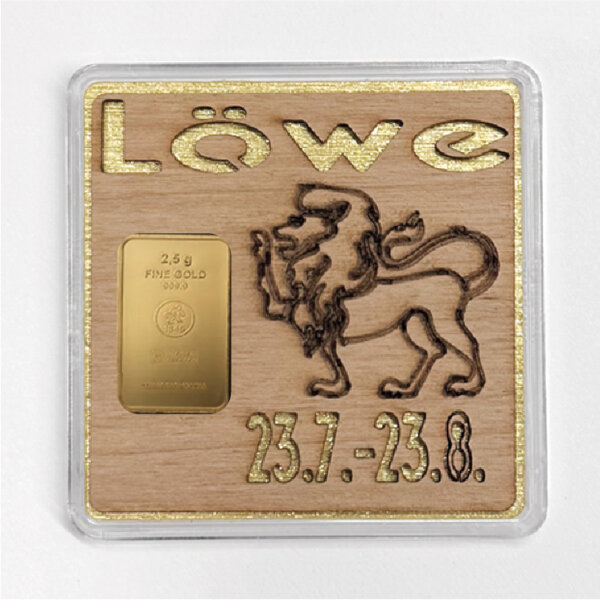 Holz-Geschenkbarren "Sternzeichen Löwe" - 2,5 Gramm Goldbarren