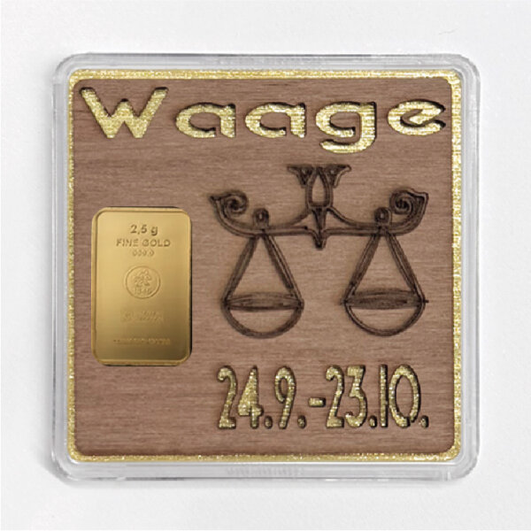 Holz-Geschenkbarren "Sternzeichen Waage" - 2,5 Gramm Goldbarren