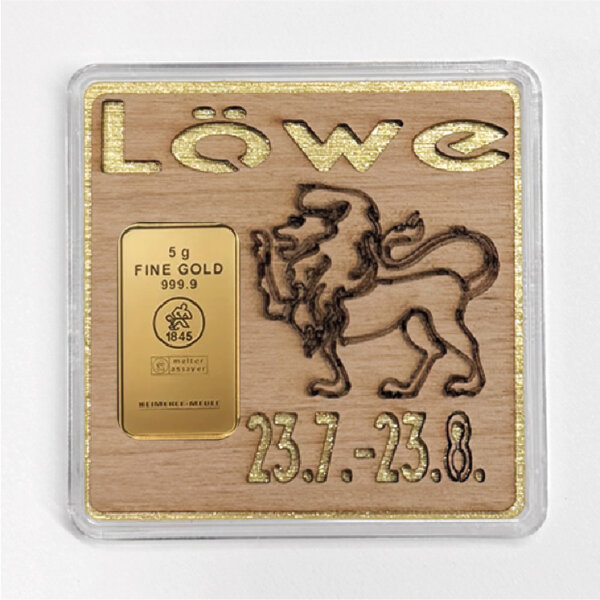 Holz-Geschenkbarren "Sternzeichen Löwe" - 5 Gramm Goldbarren