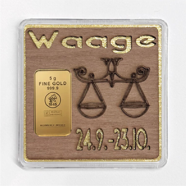 Holz-Geschenkbarren "Sternzeichen Waage" - 5 Gramm Goldbarren