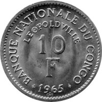 Kongo 10 Francs 1965 - Löwenkopf - Aluminium
