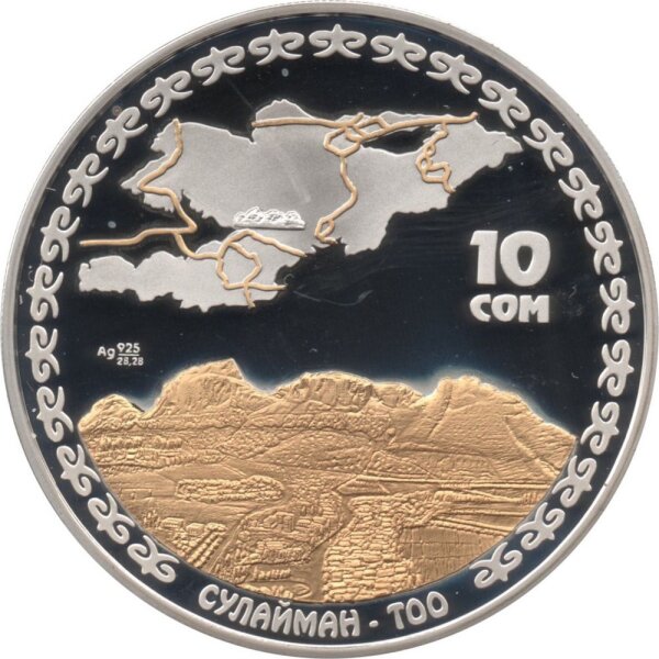Kirgisistan 10 Som 2009 - Seidenstraße "Sulayman-Berg" - Silber PP teilvergoldet