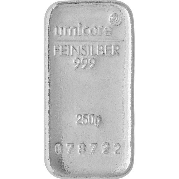 250 Gramm Silberbarren Umicore gegossen | Neuware