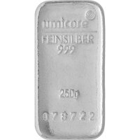250 Gramm Silberbarren Umicore gegossen | Neuware