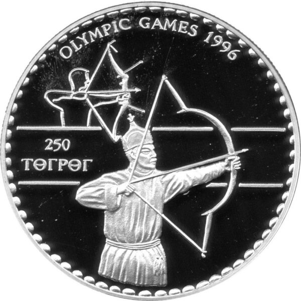 Mongolei 250 Tögrög 1995 - XXVI. Olympische Sommerspiele 1996 in Atlanta "Bogenschießen" - Silber PP
